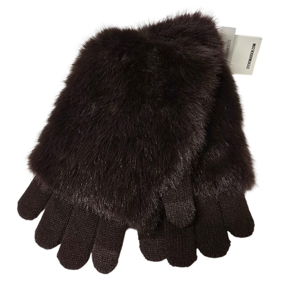 Steve Madden Dark Brown Faux Fur Tech Touch Knit Gloves SMA-5068 One Size NWT